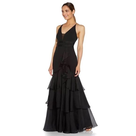 NWT Aidan Mattox Halter Tiered Cascade Ruffle Trumpet Chiffon Mermaid Long Gown - Picture 10 of 16